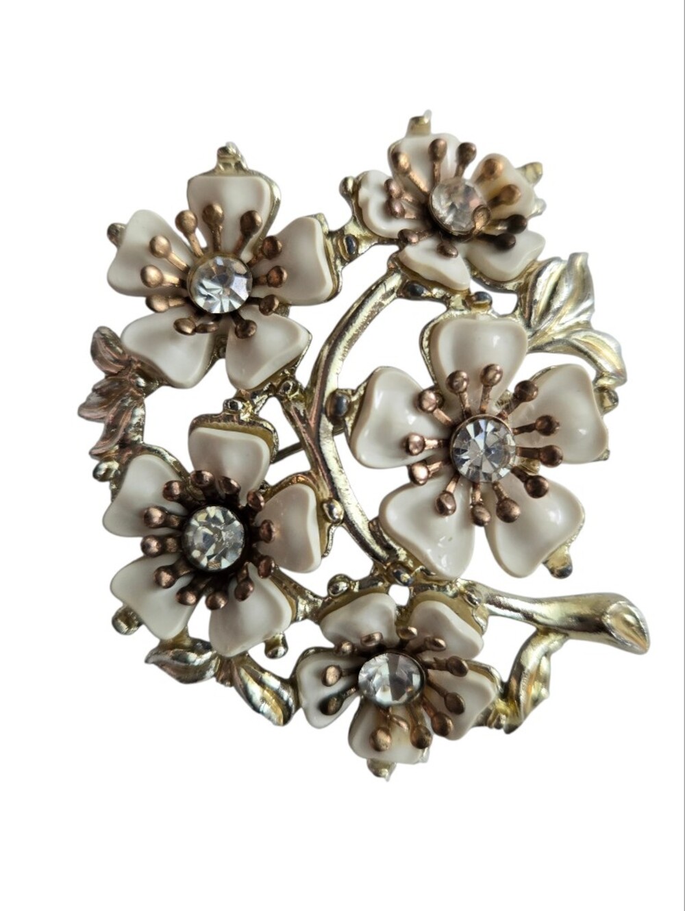 Bouquet Brooch with Cream Enamel & Clear Rhinestone Like Gem Flowers Gold-tone